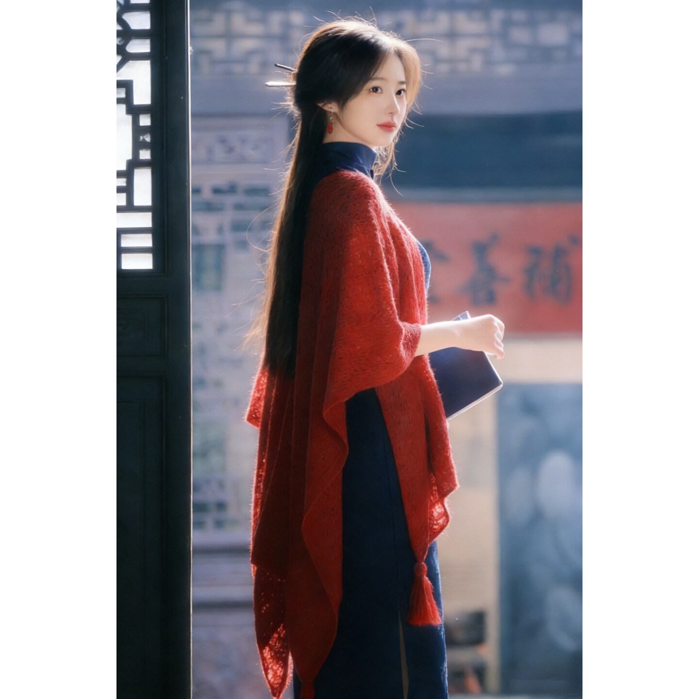 新中式针织镂空红色旗袍披肩女外搭春季薄款优雅中国风高级感穿搭