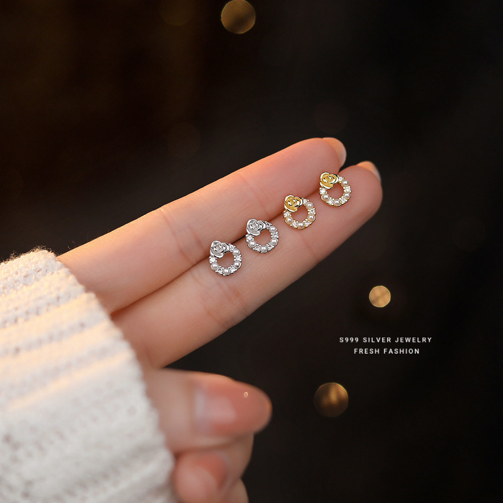 耳钉女纯银贝珠玫瑰花新款耳环s999银小众轻奢高级感文艺耳饰品