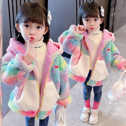 普通外套韩版冬季女童2024儿童中小童加绒加厚羊羔绒连帽卫衣秋