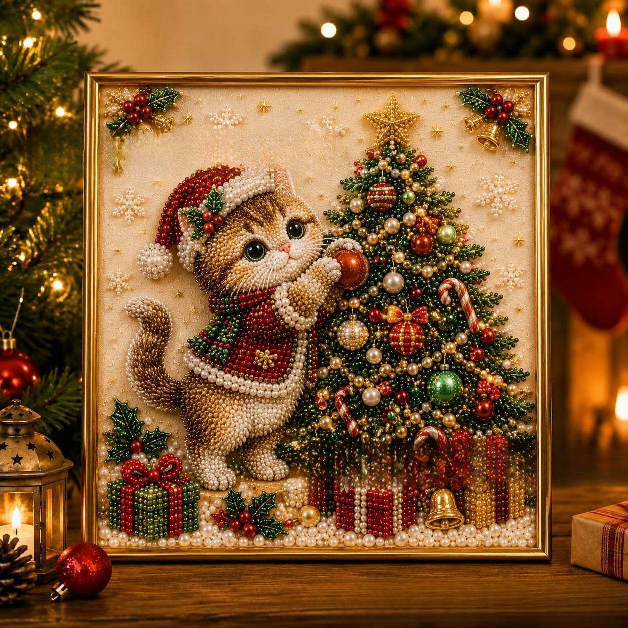 新品3D Pearl Christmas Kitty Art Kit 圣诞猫咪DIY钻石画套装