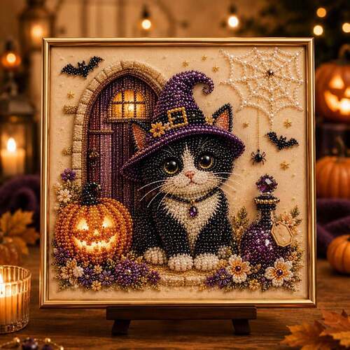 新款Cat Pearl Bead Painting Kit 万圣节猫咪DIY钻石画套装