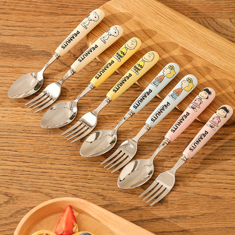 史努比不锈钢勺子陶瓷柄汤匙叉子米饭儿童宝宝餐具叉勺水果叉