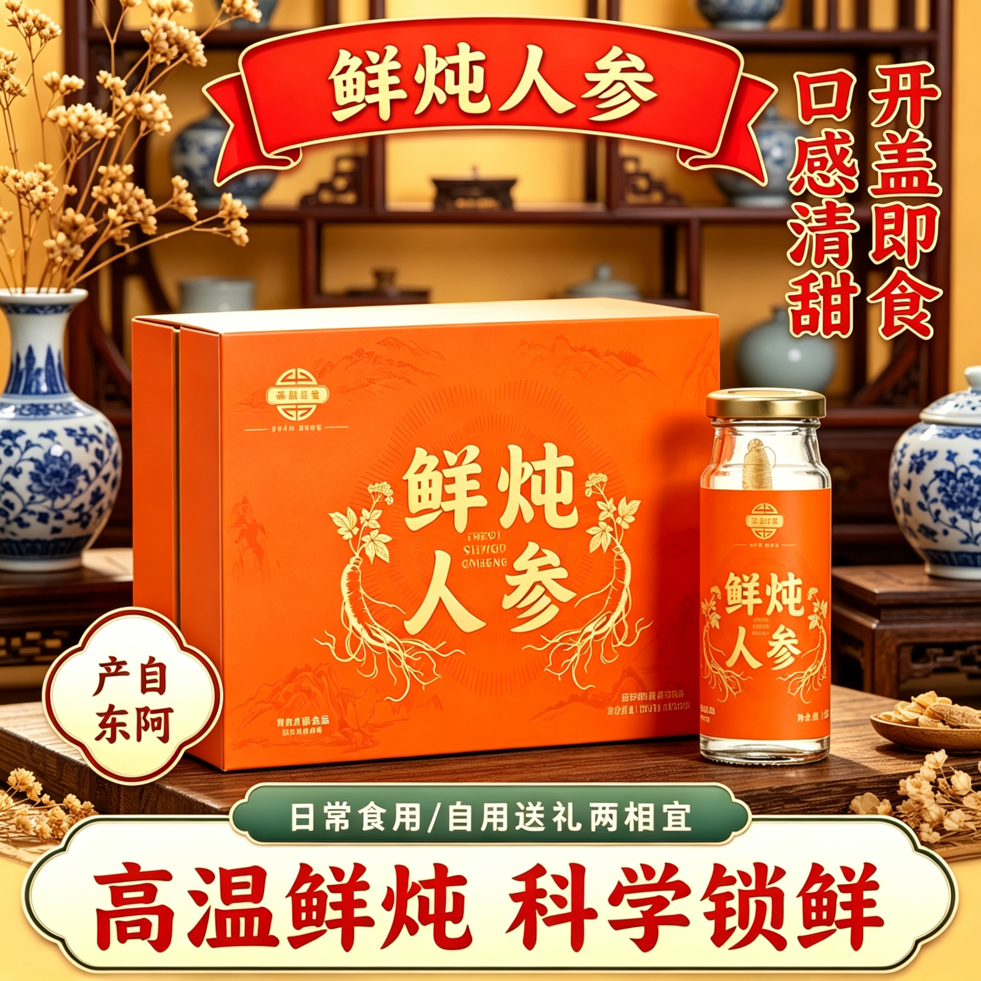 鲜炖人参礼盒装高温鲜炖整枝人参开盖即食口感清甜携带方便送长辈