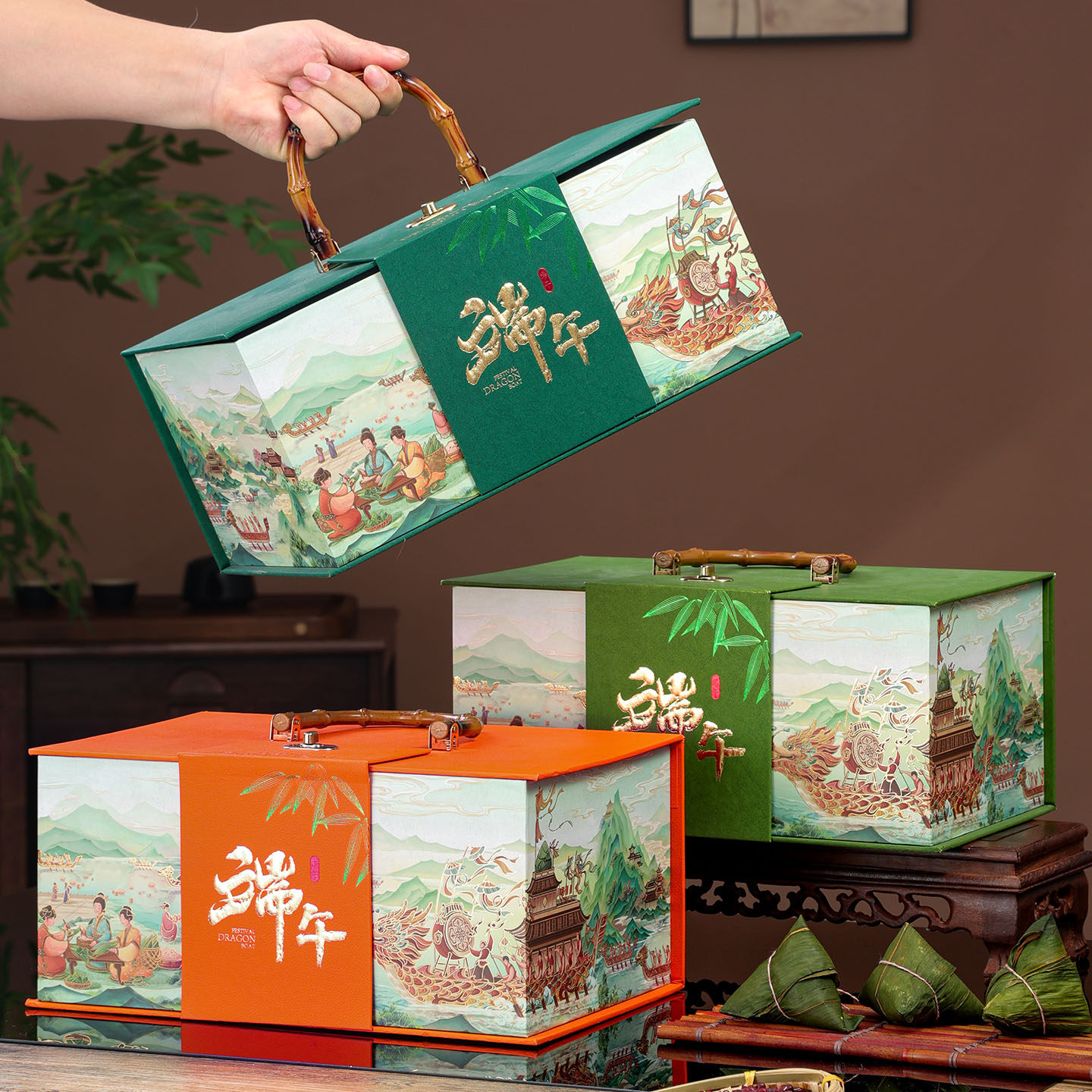 中国风端午礼品盒高档手提包装粽子包装盒绿色粽子礼盒包装空礼盒