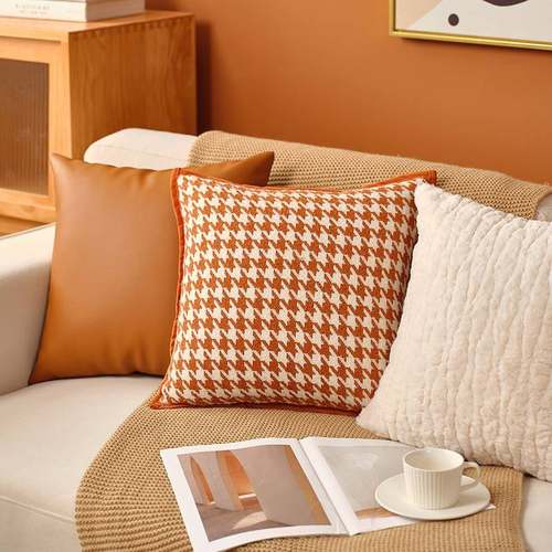 抱枕沙发客厅轻奢高级感真皮法式橙色抱枕套现代简约牛皮靠枕之新
