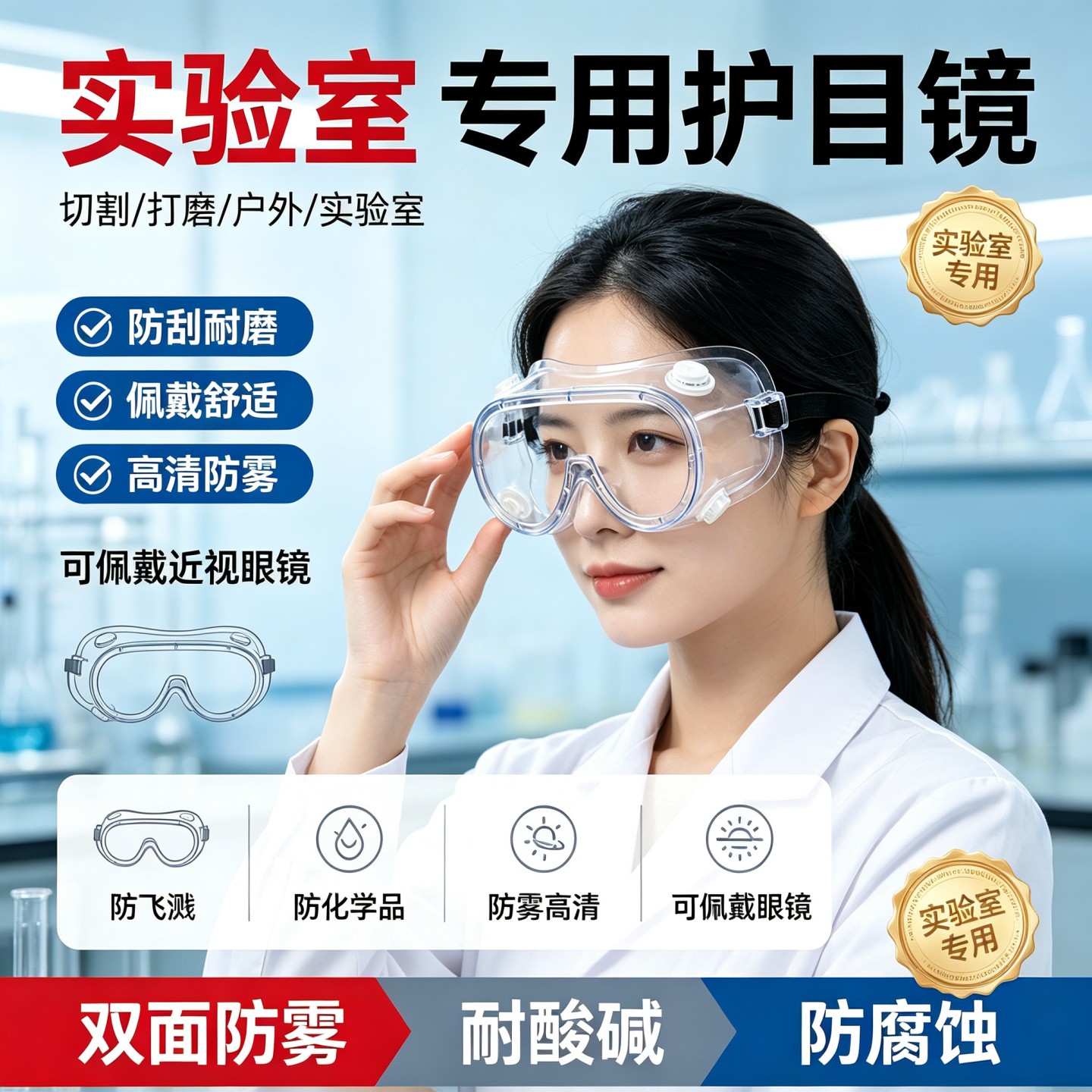 德国化学实验室专用护目镜可戴眼镜防酸碱防灰尘不起雾化学品封闭