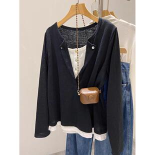 韩国甜酷ins假两件半开领长袖T恤女春秋季撞色纽扣上衣宽松打底衫