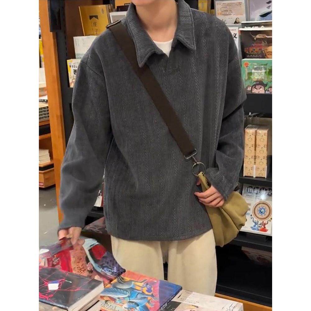 cleanfit深灰色麦穗纹polo衫男秋季新款美式长袖t恤穿搭翻领卫衣