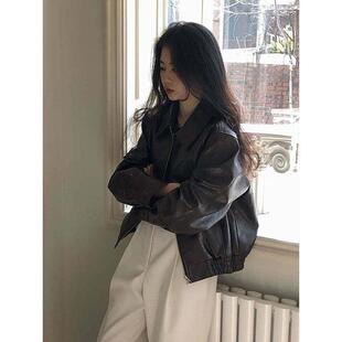 潮牌短款棕色皮衣外套女春秋季新款酷飒风小个子机车气质覆古上衣