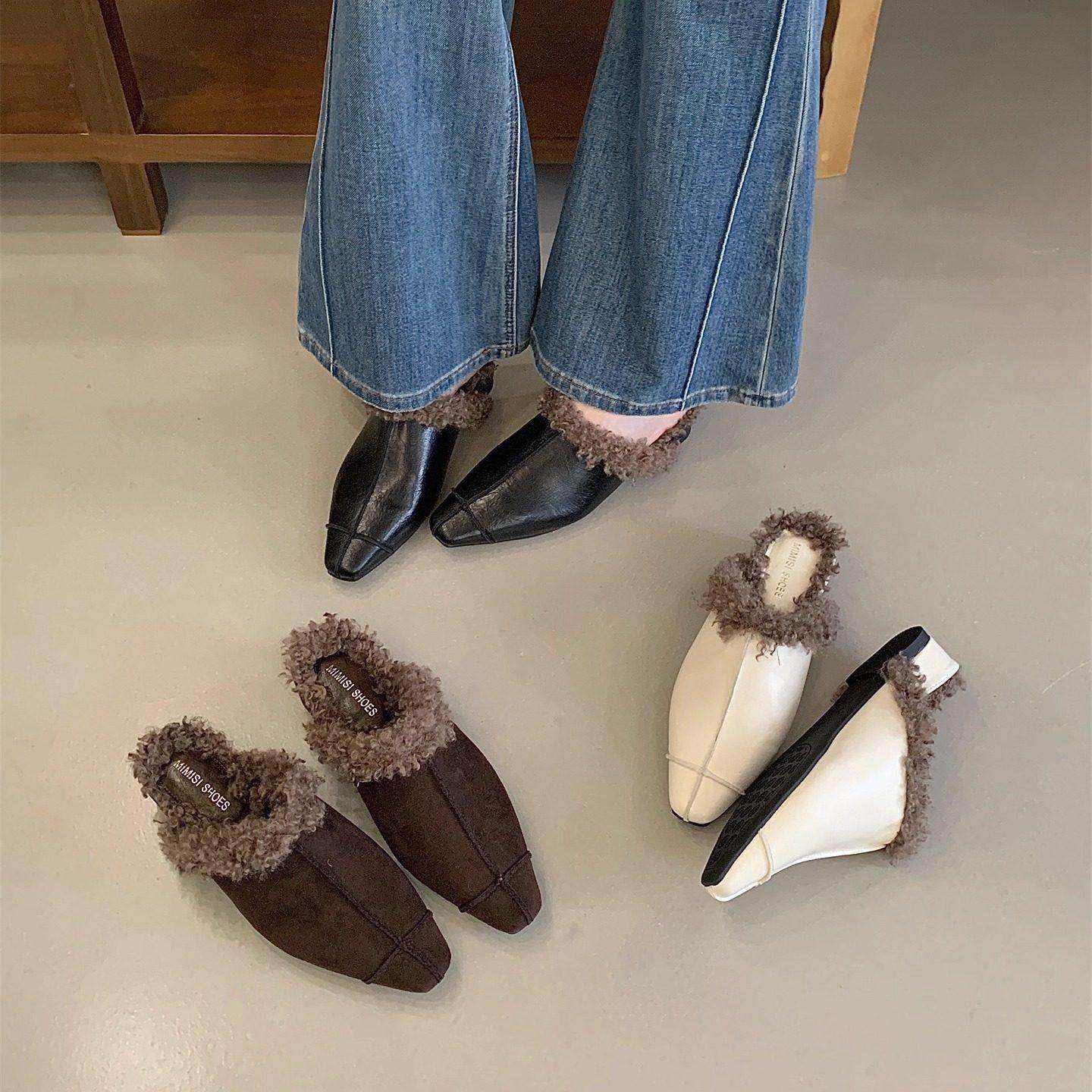 潮牌秋冬新款小方头复古低跟加绒保暖法式单鞋女棉鞋包头半拖鞋,女鞋,包头拖,淘宝优惠券,粉丝福利购,淘宝优惠卷