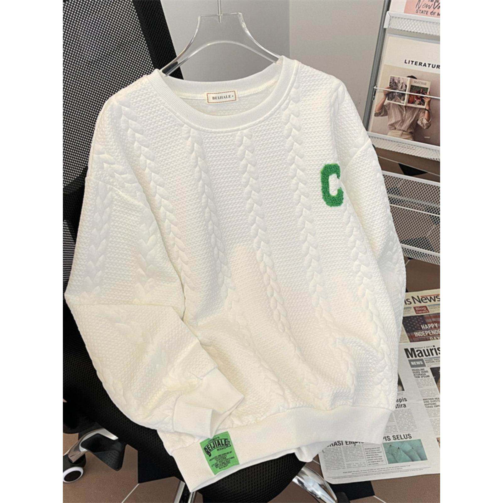 高级感提花圆领卫衣男士秋冬季加绒加厚潮流设计感长袖打底衫上衣