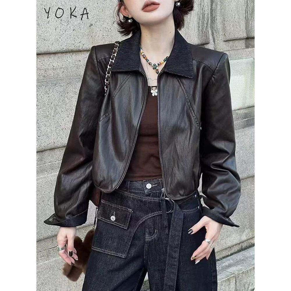 咖色皮衣外套女2025春秋新款小个子宽松翻领夹克酷飒风短款机车服