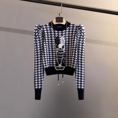 潮牌覆古刺绣针织衫女短款2025春季高腰泡泡袖打底千鸟格长袖上衣