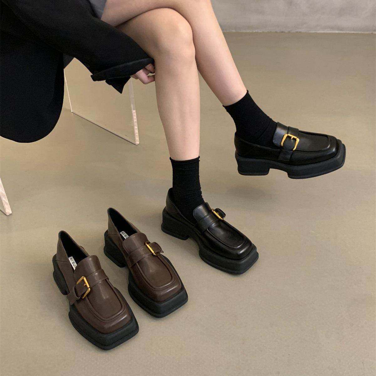 潮牌增高厚底乐福单鞋女2025春秋新款复古方头粗跟小皮鞋女英伦风,女鞋,深口单鞋,淘宝优惠券,粉丝福利购,淘宝优惠卷
