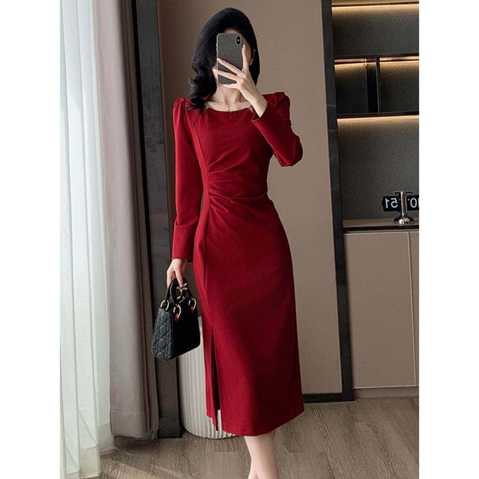 Ocnltiy红色连衣裙女法式长袖订婚礼服日常可穿赫本小红裙高级感