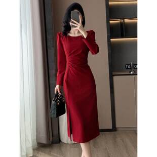Ocnltiy红色连衣裙女法式长袖订婚礼服日常可穿赫本小红裙高级感