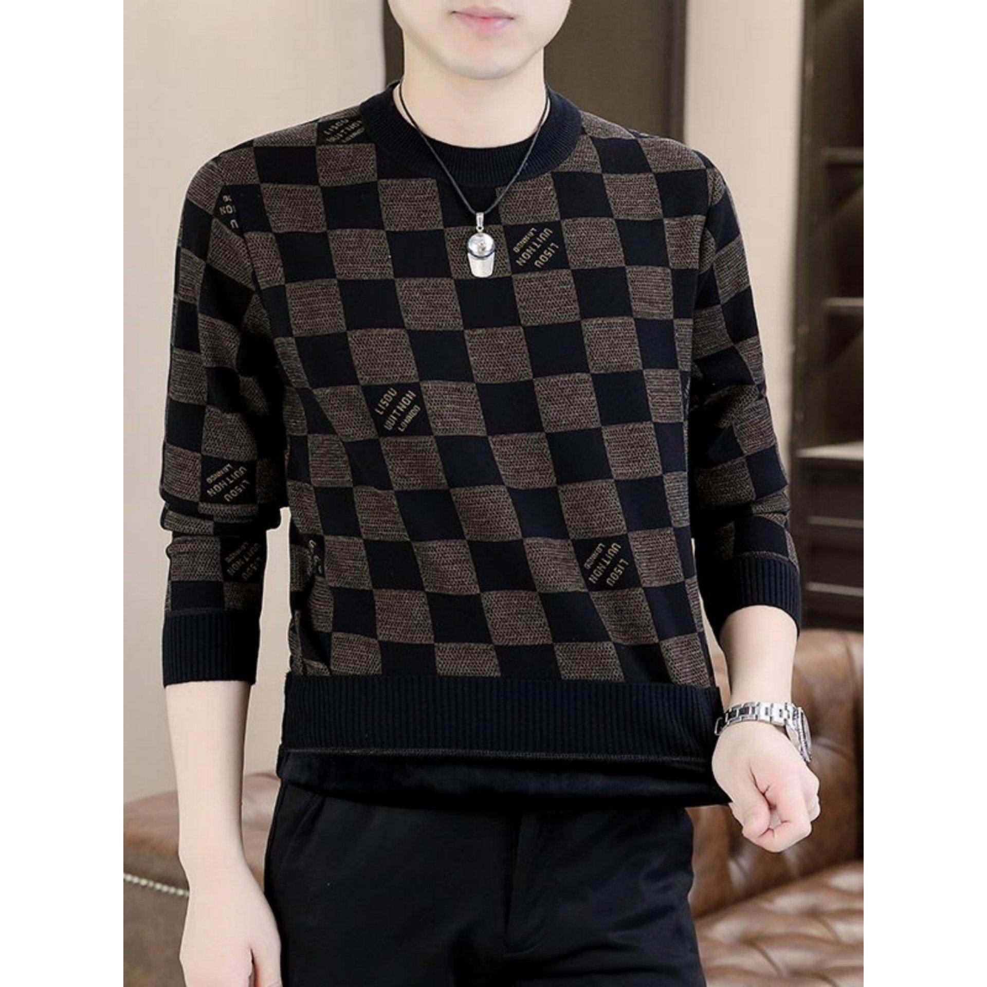 高端休闲格子卫衣男秋冬季加绒加厚男士修身圆领保暖潮流打底衫帅