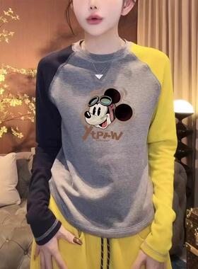 香港TIMO圆领纯棉长袖t恤女春秋冬厚款撞色插肩内搭打底衫上衣