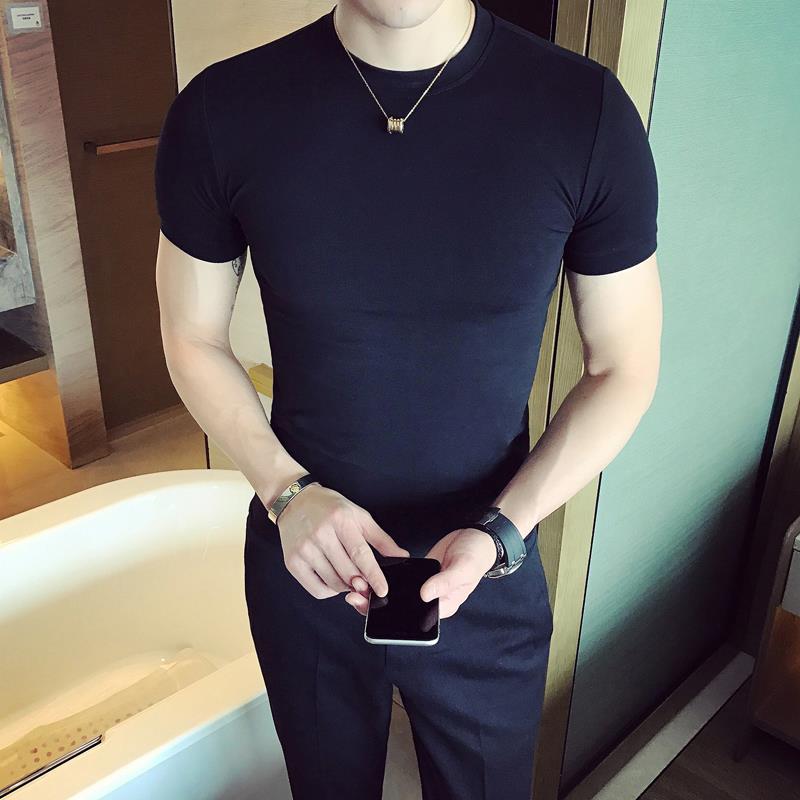 夏季薄款男士短袖t恤修身韩版潮流潮牌圆领紧身纯棉体桖打底衫男