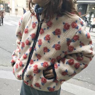 【现货】韩国sienne外套2024冬季新款复古撞色玫瑰花摇颗粒绒拉链