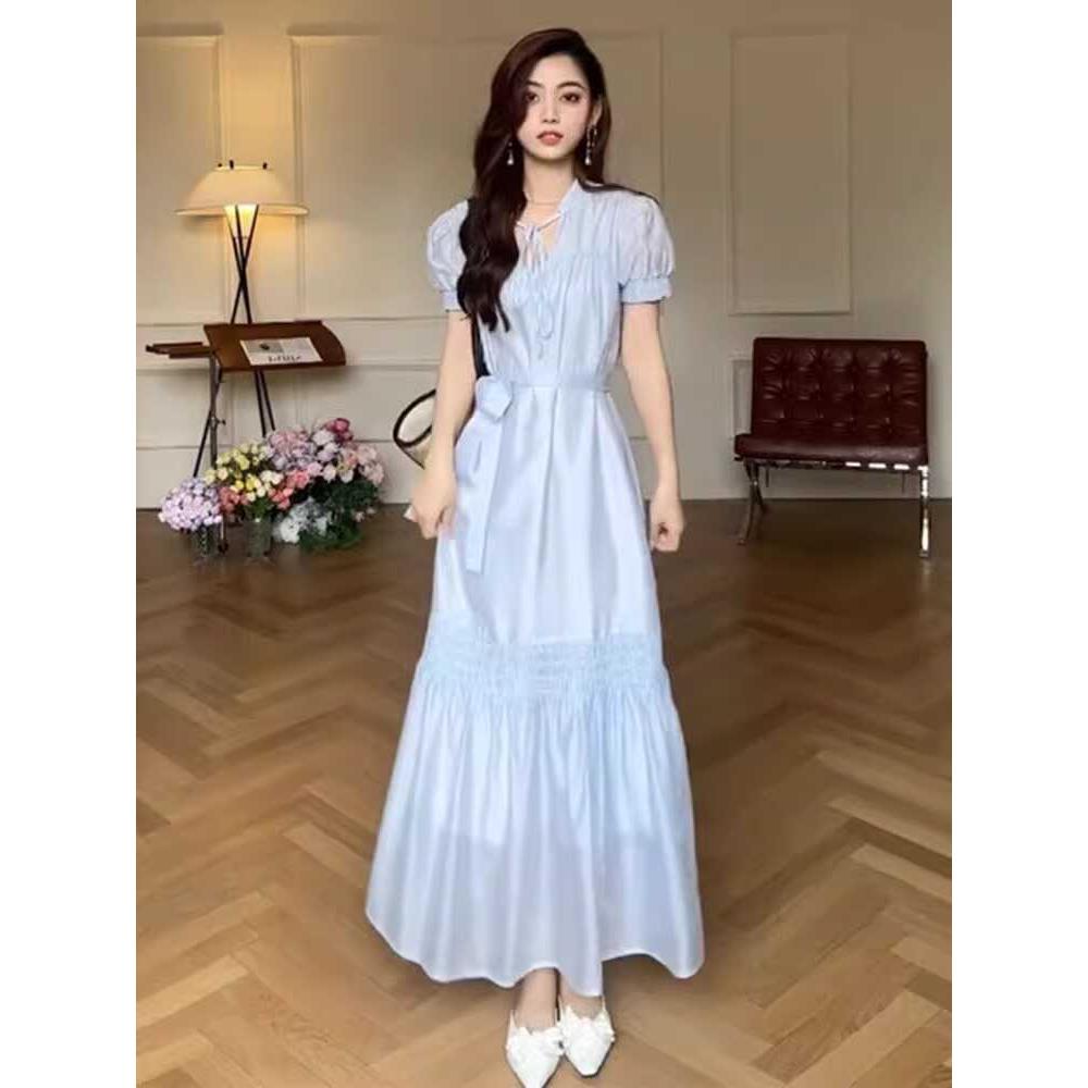 FAshi 法式温柔绝美蓝色连衣裙女神范茶歇高级感气质礼服长裙夏季