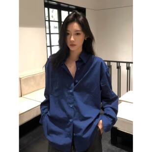 韩国宝蓝色polo领长袖衬衫女2025秋季高级感轻奢宽松气质休闲衬衣