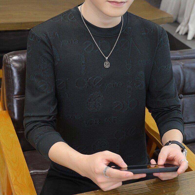 高端品牌桑蚕丝卫衣男2025春季新款潮牌圆领修身印花百搭长袖T恤