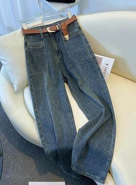 香港TIMO春季阔腿牛仔裤女款大码慵懒风宽松百搭显瘦蓝色直筒裤子