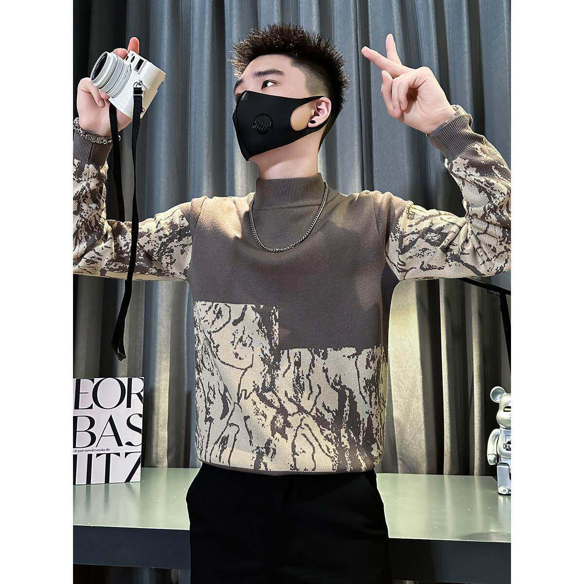 秋冬季拼接半高领毛衣男高级感内搭针织衫2025新款痞帅修身打底衫