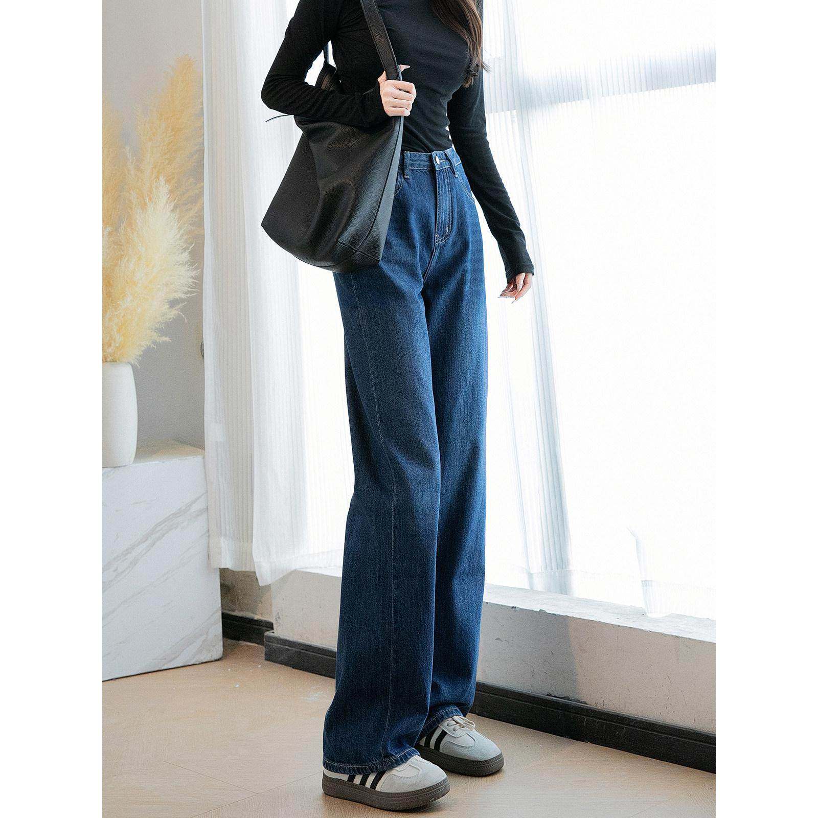 法国Rouje Dsyle深蓝色牛仔裤女直筒宽松小个子深色覆古阔腿裤子