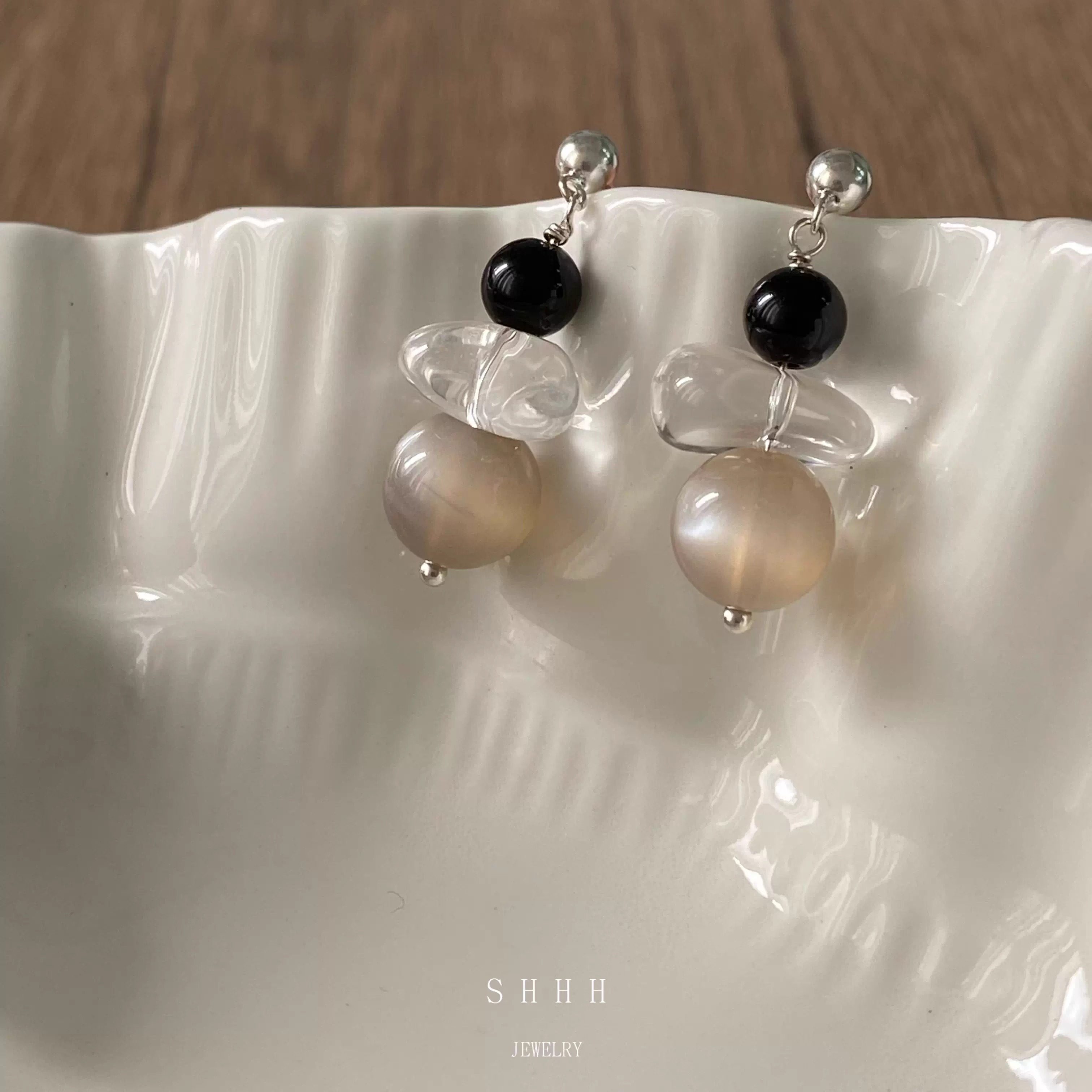 SHHH/不规则白水晶奶茶灰月光石纯银耳环天然黑玛瑙温柔通勤日常