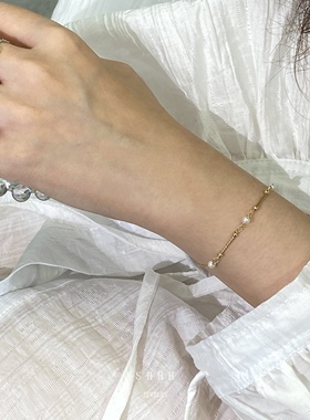 SHHH/切花金条天然珍珠手链美国14k包金极简轻奢氛围感配饰不掉色