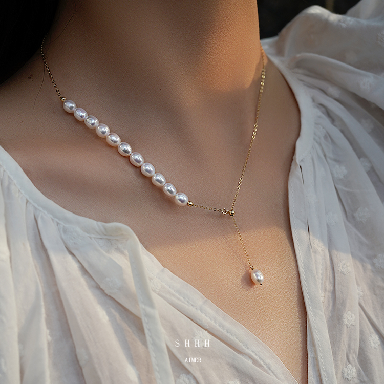 SHHH淡水珍珠笑脸14k包金锁骨链