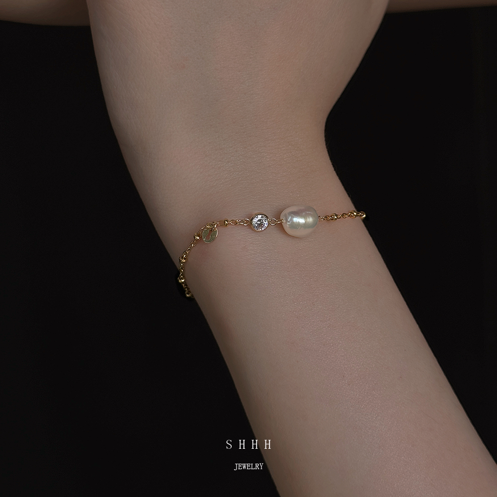 SHHH/天然巴洛克珍珠手链美国14K注金包金锆石不褪色气质手工手链
