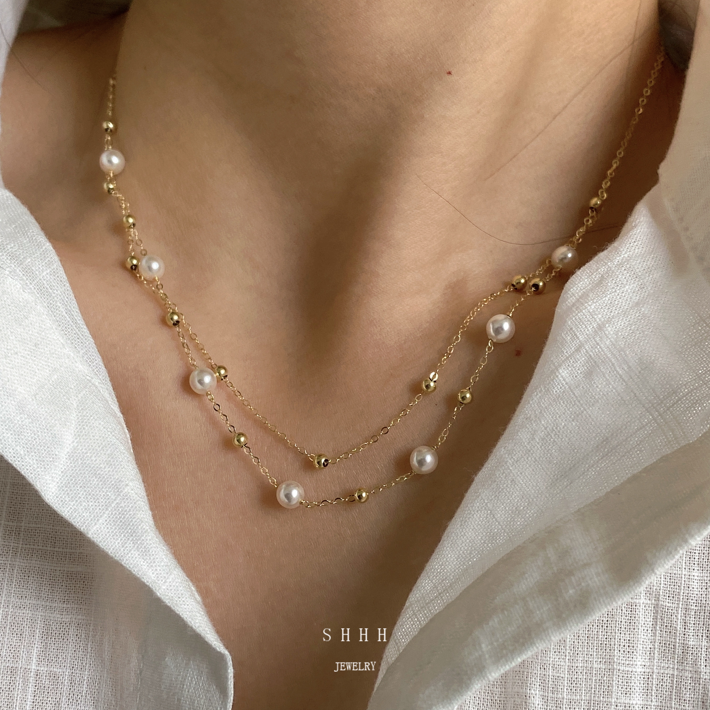 SHHH/双层施家珍珠项链小金珠美国14k包金叠戴锁骨链高级轻奢设计