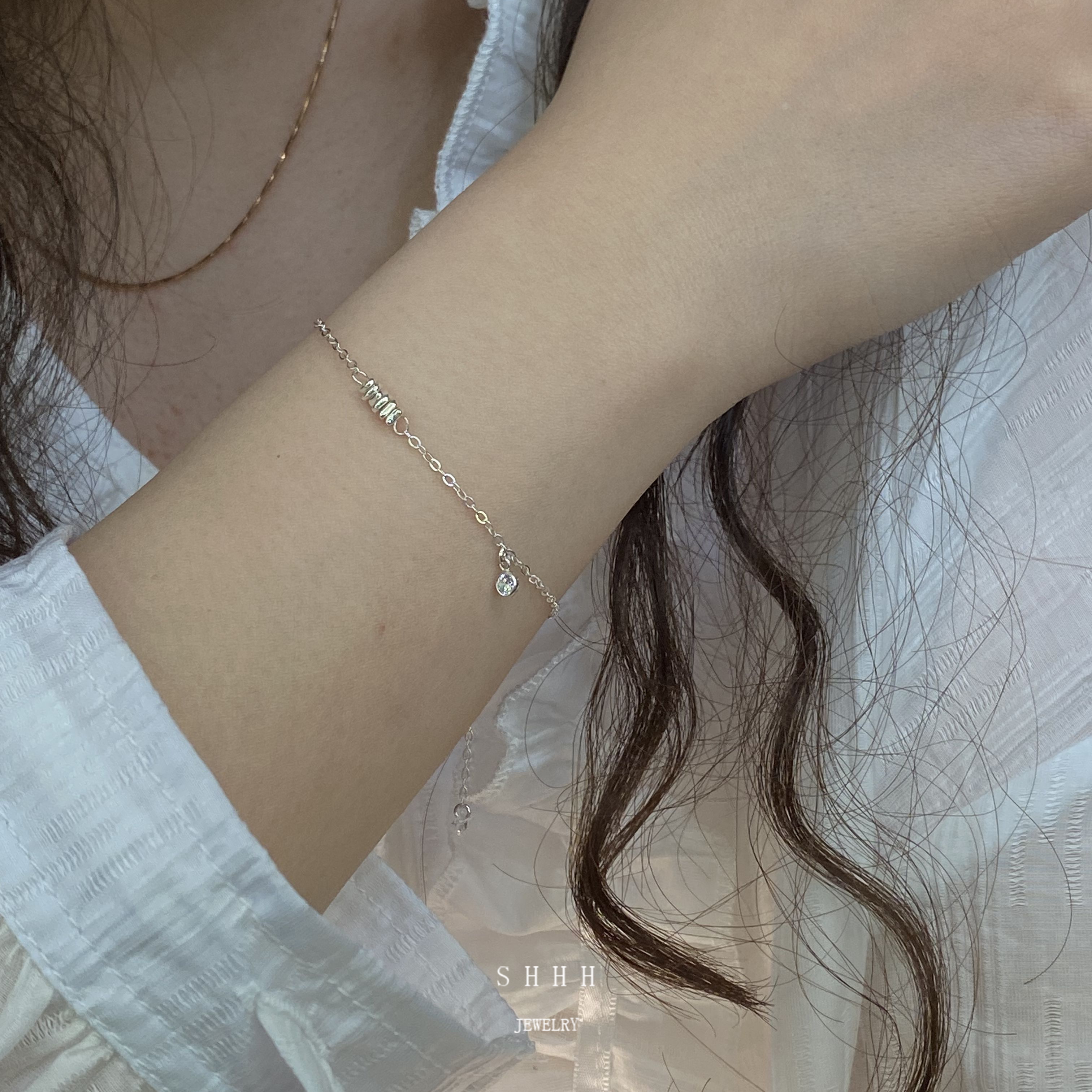 SHHH/手工不规则碎银子闪闪锆石手链S925纯银轻奢高级感精致百搭