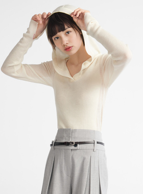 小着暖冬 HB30 白色精细羊毛针织帽衫 活力 V 领连帽衫