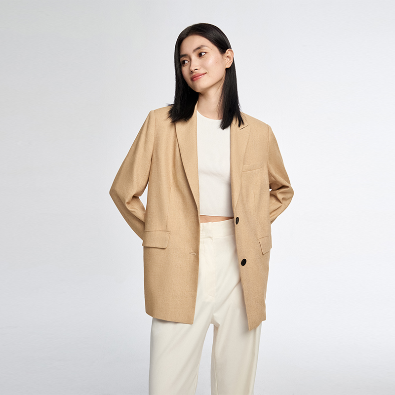 小着浅秋 廓形西装 SU27 亚麻混纺杏棕色大廓形西装