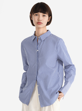 小着暖冬 CS3 蓝色条纹珍珠扣直身衬衫. 利落晶莹
