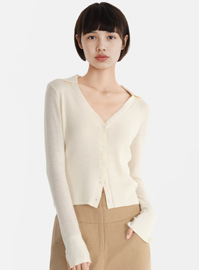 小着暖冬 HB11 白色深 V 领箱型精细羊毛针织开衫