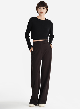 小着暖冬 PA22 黑色无褶设计高腰阔腿长裤 温暖舒展 前面的美