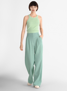 小着暖冬 PA31 薄荷绿色夹花高腰阔腿长裤
