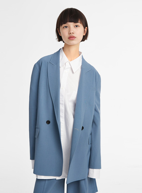 小着暖冬 SU32 雾蓝色羊毛混纺双排扣超大廓形西装 英气快意