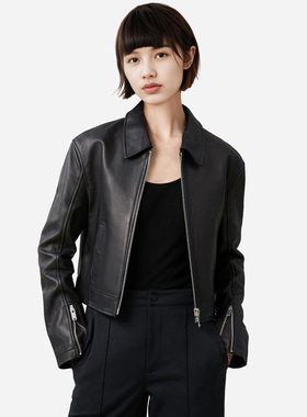 小着暖冬 LJ2h 黑色小羊皮短款夹克 简约气质外套