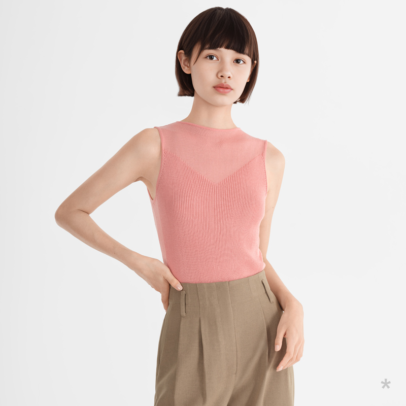 小着浅秋 HB75 樱花粉色天丝混纺宽肩带背心 新意半透视设计