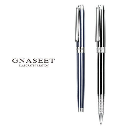 GNASEET签字笔金属条纹宝珠笔黑色0.5mm直液式中性笔高颜值商务办公男士签单笔礼盒装