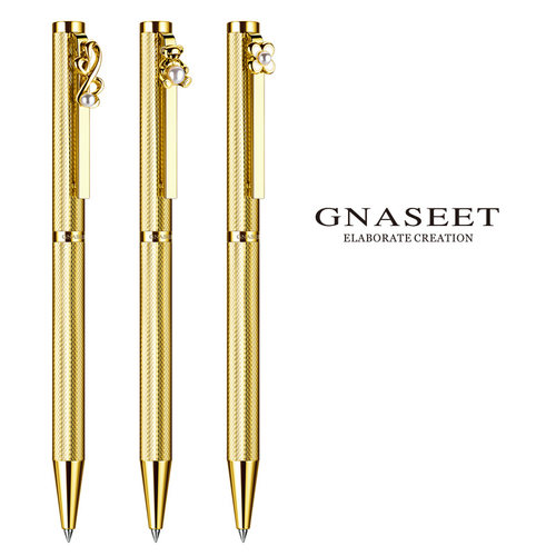 GNASEET金属签字笔创意金色珍珠小熊笔夹商务定制私人刻字旋转出墨宝珠笔女生礼物