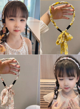 儿童编发丝巾碎花飘带发箍一体发绳女童珍珠头箍马尾绑发头绳夏季