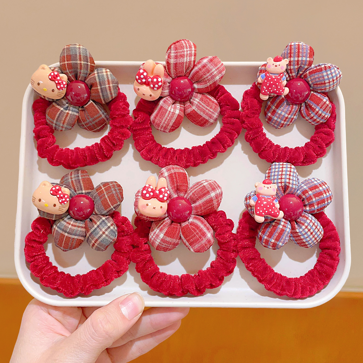 红色格纹儿童小发圈小熊卡通花朵