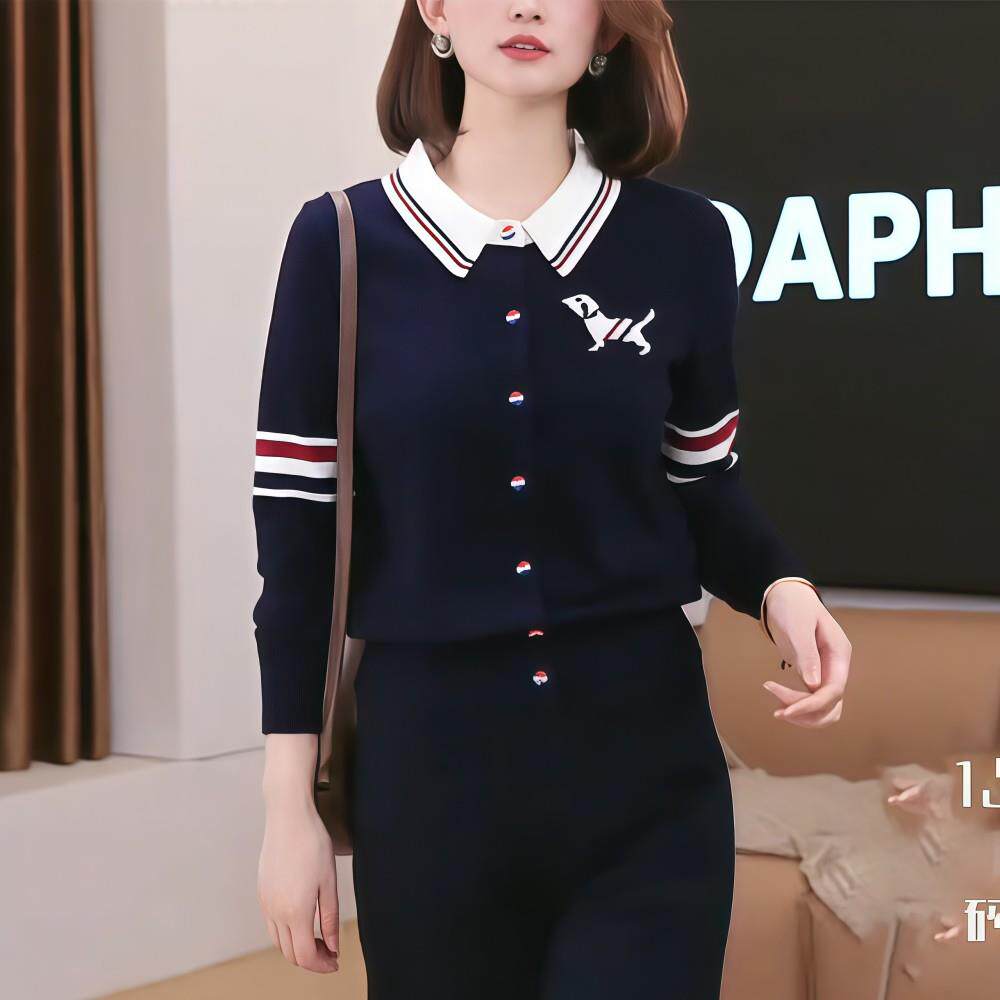 JOYIASS2025新款秋冬学院风翻领假两件针织开衫女撞色条纹纽扣显